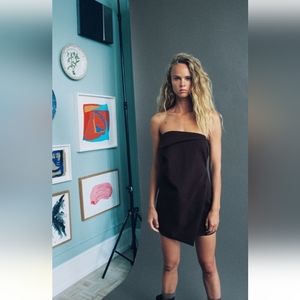 ZARA BROWN AND BLUE STRAPLESS PINSTRIPES SHORT DRESS